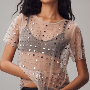 NWT Sunday in Brooklyn Sheer Mesh Embellished Top with Silver Accents Size Large